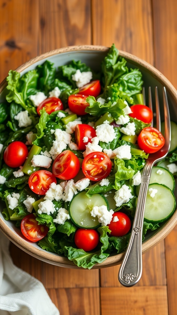 A fresh kale salad with feta, tomatoes, and cucumber in a rustic bowl on a wooden table.